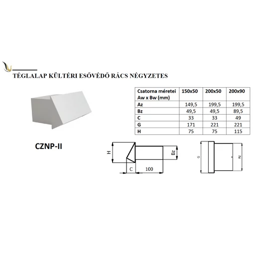 TÉGLALAP KÜLTÉRI ESŐVÉDŐ RÁCS NÉGYZETES FEHÉR 200x90MM