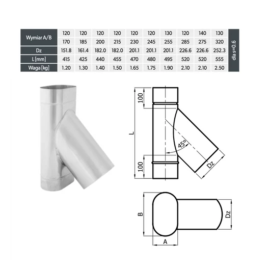 DARCO Y-BEKÖTŐ OVÁLIS IDOM 120x200MM/180MM 45°