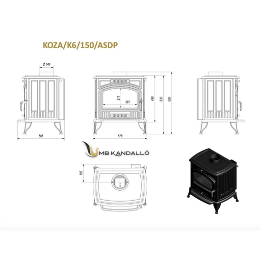 KRATKI KOZA K6 150 KÁLYHA ASDP RENDSZERREL