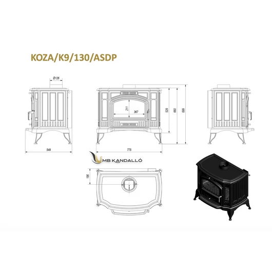 KRATKI KOZA K9 130 KÁLYHA ASDP RENDSZERREL