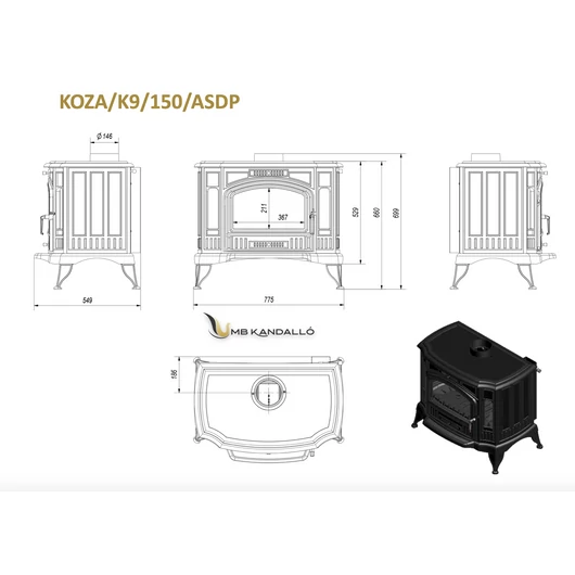 KRATKI KOZA K9 150 KÁLYHA ASDP RENDSZERREL